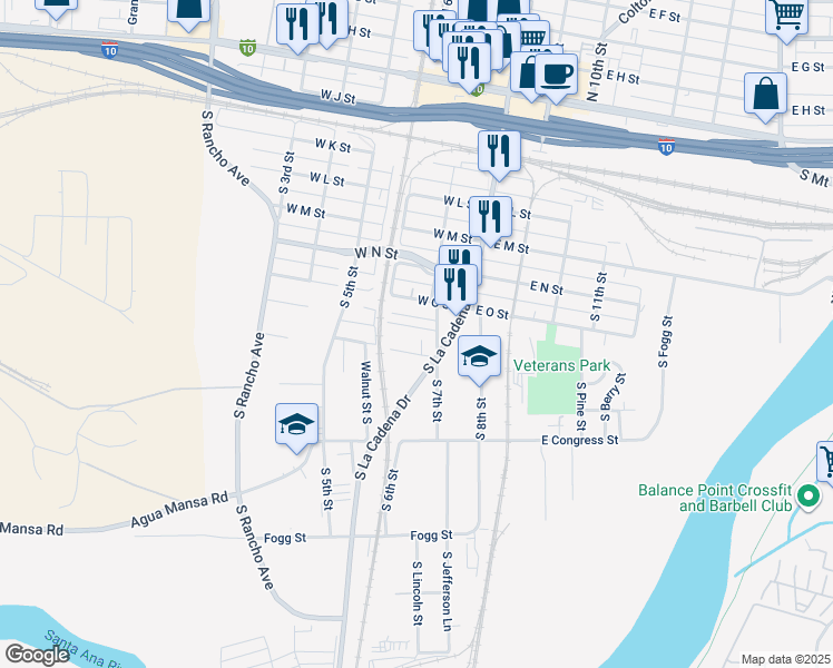 map of restaurants, bars, coffee shops, grocery stores, and more near 267 Maple Street in Colton