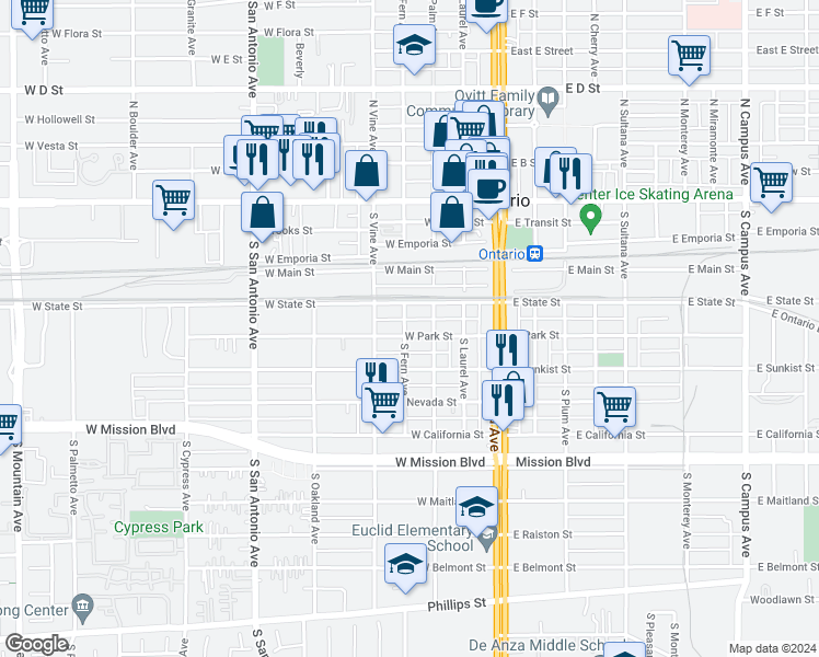 map of restaurants, bars, coffee shops, grocery stores, and more near 318 West Park Street in Ontario