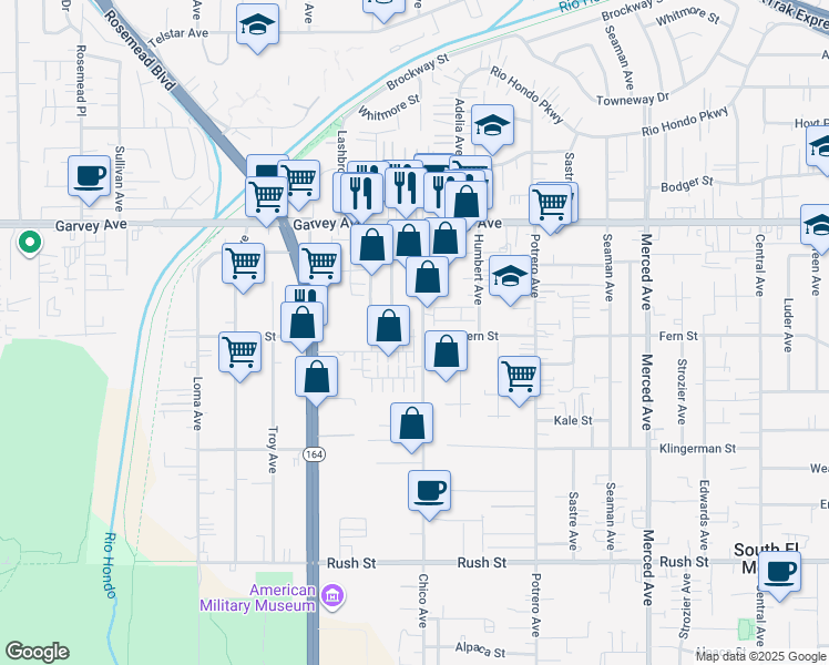 map of restaurants, bars, coffee shops, grocery stores, and more near 2603 Chico Avenue in South El Monte