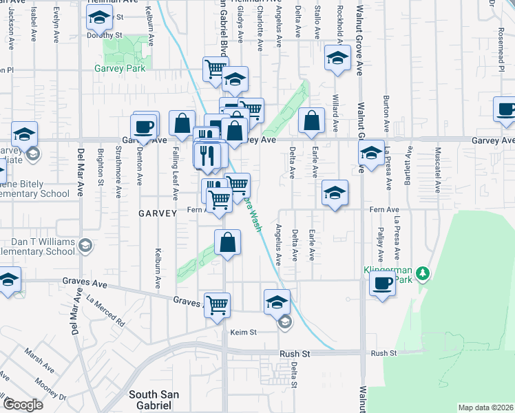 map of restaurants, bars, coffee shops, grocery stores, and more near 2542 San Gabriel Boulevard in Rosemead