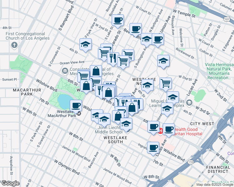 map of restaurants, bars, coffee shops, grocery stores, and more near 1801 West 5th Street in Los Angeles