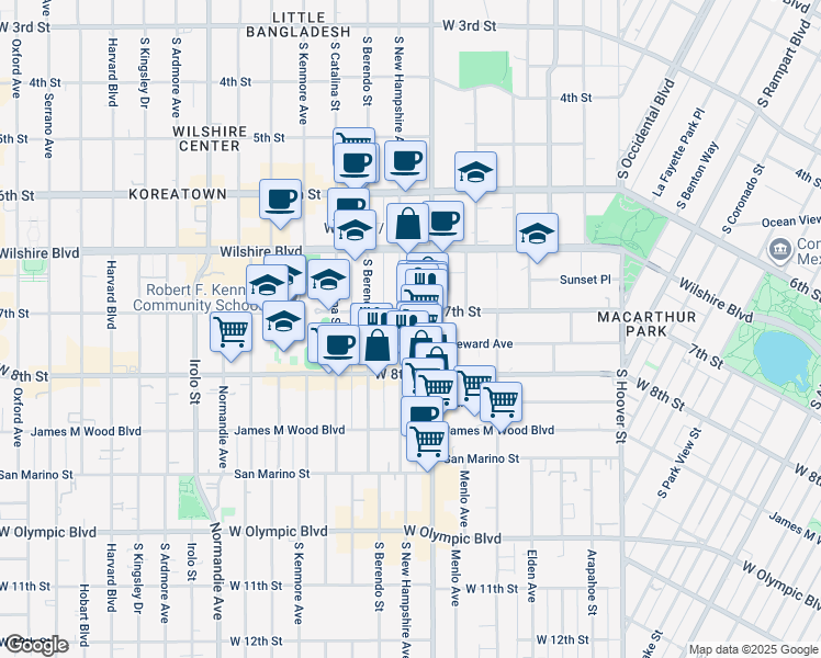 map of restaurants, bars, coffee shops, grocery stores, and more near 725 South New Hampshire Avenue in Los Angeles