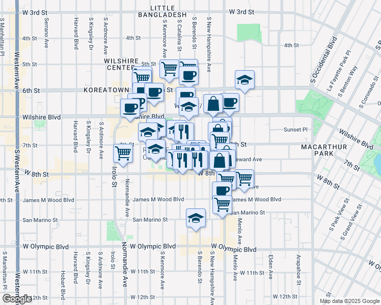 map of restaurants, bars, coffee shops, grocery stores, and more near 725 South Berendo Street in Los Angeles