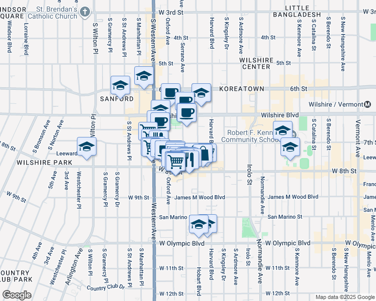 map of restaurants, bars, coffee shops, grocery stores, and more near 730 South Serrano Avenue in Los Angeles