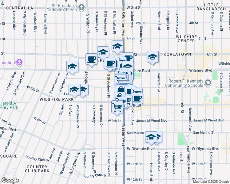 map of restaurants, bars, coffee shops, grocery stores, and more near 718 South Saint Andrews Place in Los Angeles