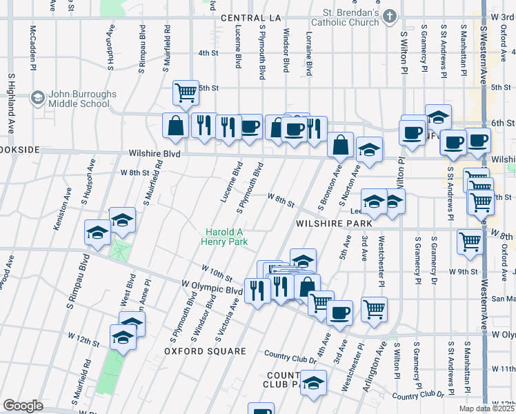 map of restaurants, bars, coffee shops, grocery stores, and more near 837 South Windsor Boulevard in Los Angeles