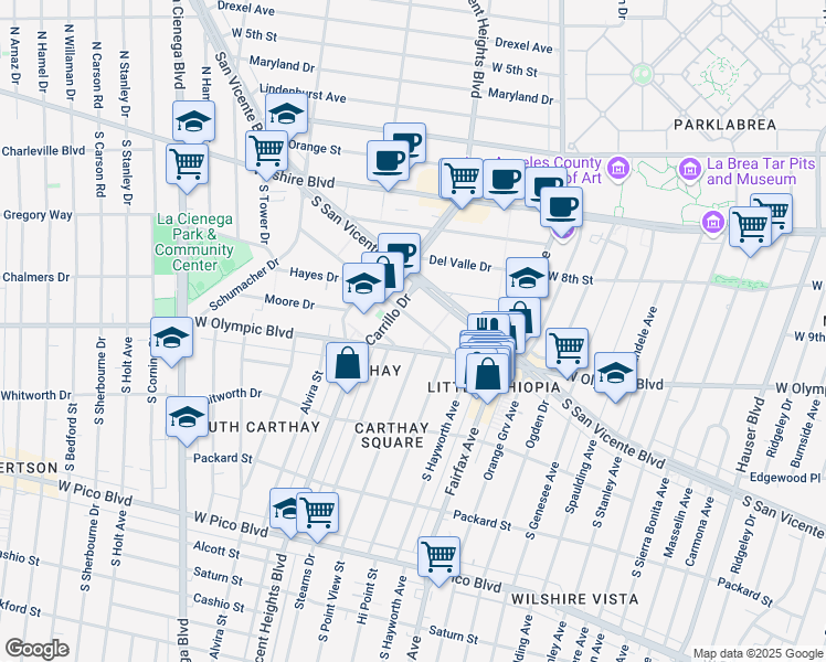 map of restaurants, bars, coffee shops, grocery stores, and more near 6224 Commodore Sloat Drive in Los Angeles