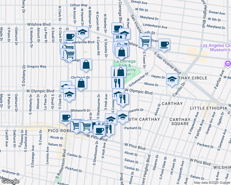 map of restaurants, bars, coffee shops, grocery stores, and more near 1010 South Corning Street in Los Angeles