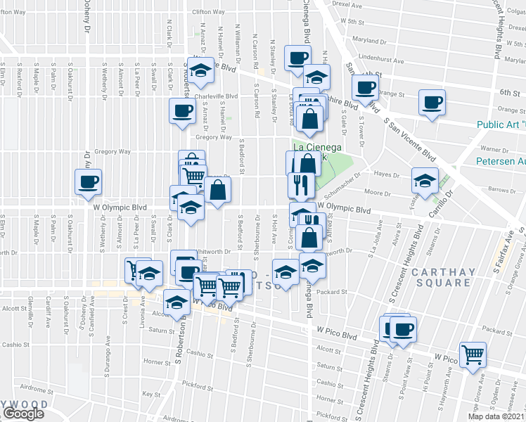 map of restaurants, bars, coffee shops, grocery stores, and more near 1001 South Holt Avenue in Los Angeles