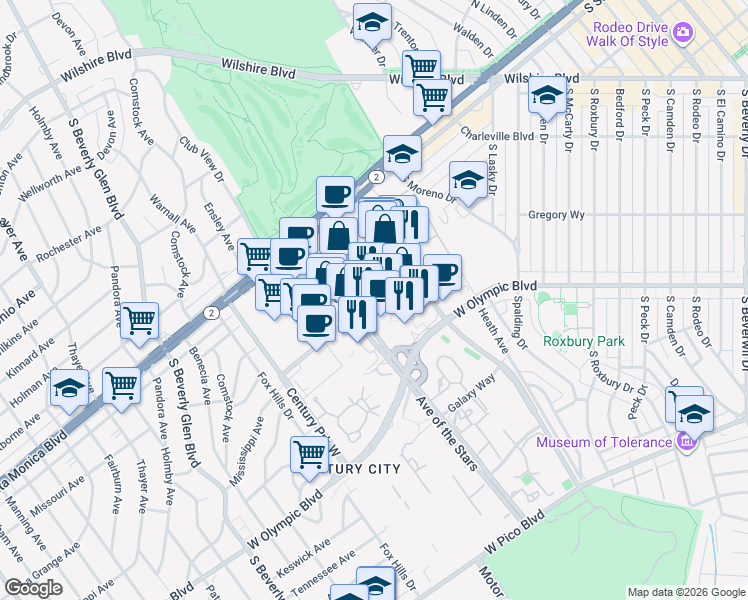 map of restaurants, bars, coffee shops, grocery stores, and more near in Los Angeles