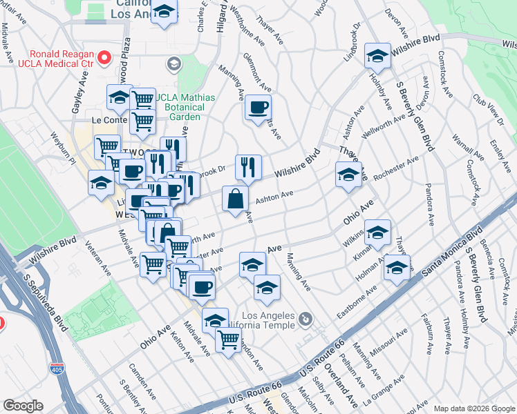 map of restaurants, bars, coffee shops, grocery stores, and more near 10740 Ashton Avenue in Los Angeles