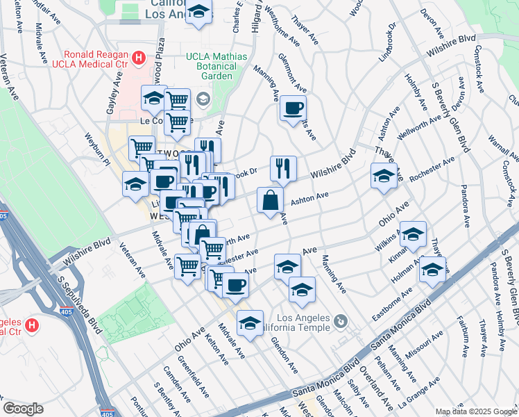map of restaurants, bars, coffee shops, grocery stores, and more near 10775 Ashton Avenue in Los Angeles