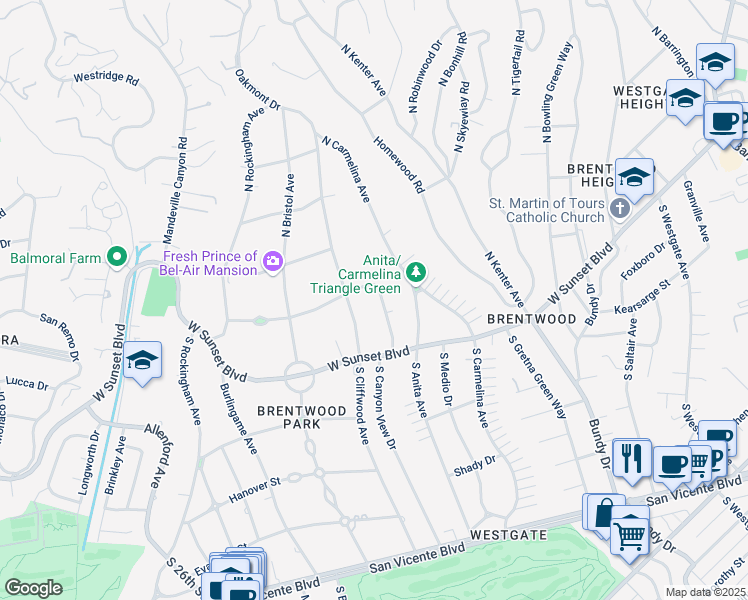 map of restaurants, bars, coffee shops, grocery stores, and more near 163 North Canyon View Drive in Los Angeles