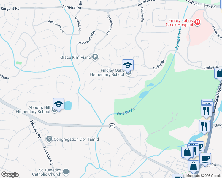 map of restaurants, bars, coffee shops, grocery stores, and more near 620 Arncliffe Court in Alpharetta