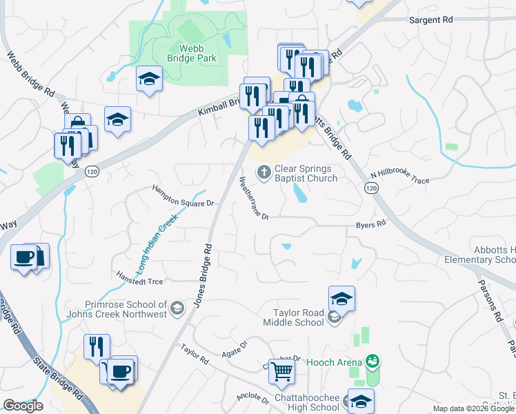 map of restaurants, bars, coffee shops, grocery stores, and more near 4951 Weathervane Drive in Alpharetta