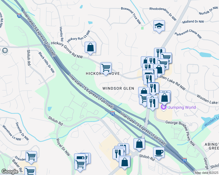 map of restaurants, bars, coffee shops, grocery stores, and more near 4406 Dickens Court Northwest in Kennesaw
