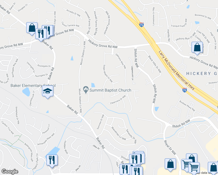 map of restaurants, bars, coffee shops, grocery stores, and more near 2168 Sugar Maple Cove Northwest in Acworth