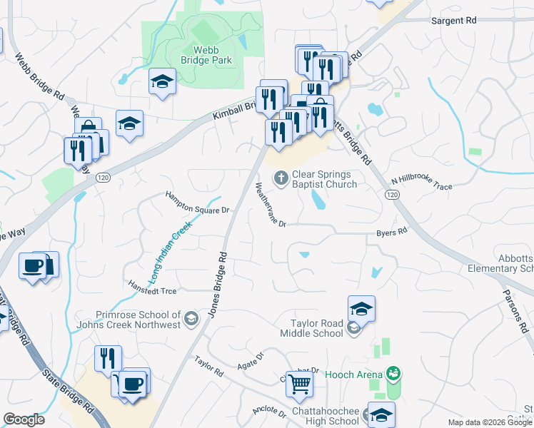 map of restaurants, bars, coffee shops, grocery stores, and more near 4945 Weathervane Drive in Alpharetta