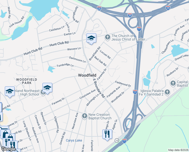 map of restaurants, bars, coffee shops, grocery stores, and more near 2300 East Boundary Road in Columbia