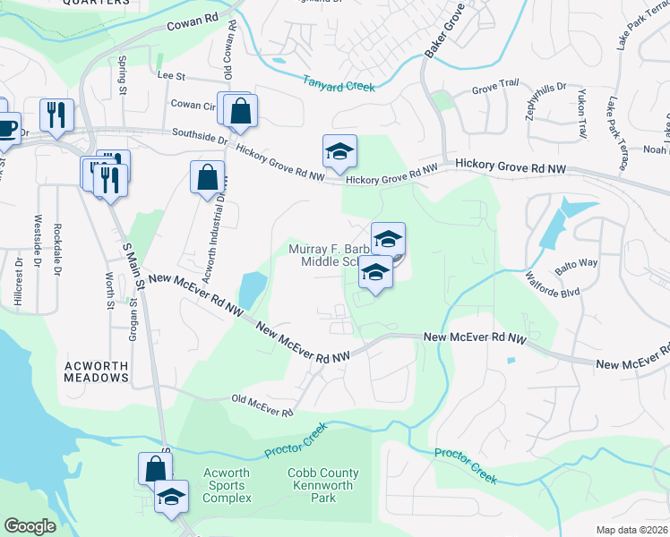 map of restaurants, bars, coffee shops, grocery stores, and more near 3501 Lake City Industrial Court in Acworth