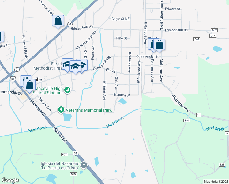 map of restaurants, bars, coffee shops, grocery stores, and more near 1010 Stadium Street in Hanceville