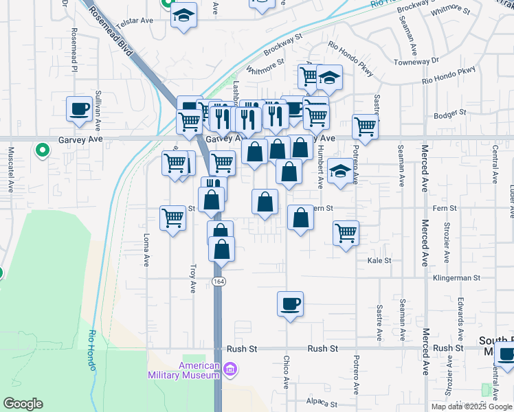 map of restaurants, bars, coffee shops, grocery stores, and more near 25 Marybeth Avenue in South El Monte