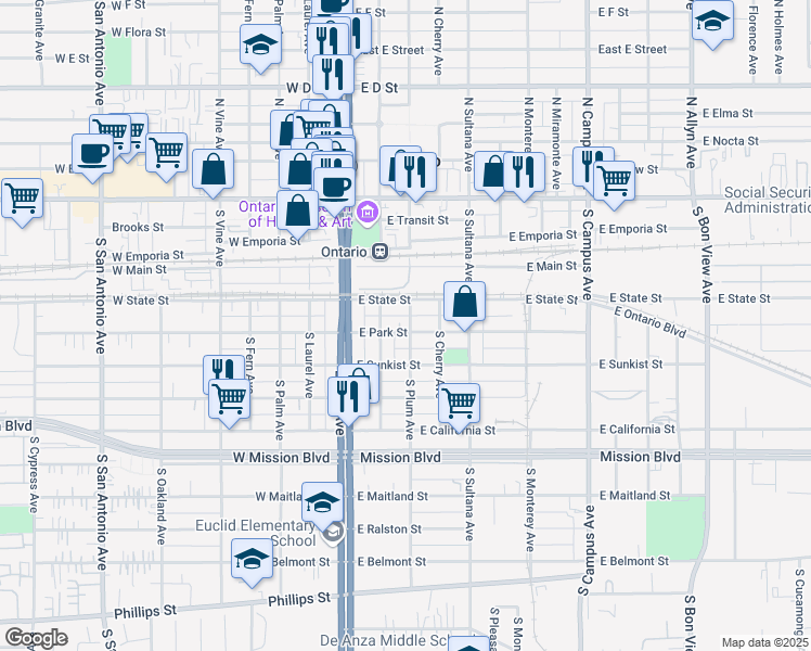 map of restaurants, bars, coffee shops, grocery stores, and more near 428 South Plum Avenue in Ontario