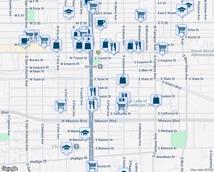 map of restaurants, bars, coffee shops, grocery stores, and more near 428 South Plum Avenue in Ontario