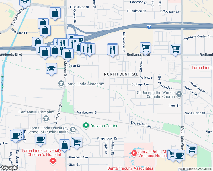 map of restaurants, bars, coffee shops, grocery stores, and more near 10712 Poplar Street in Loma Linda