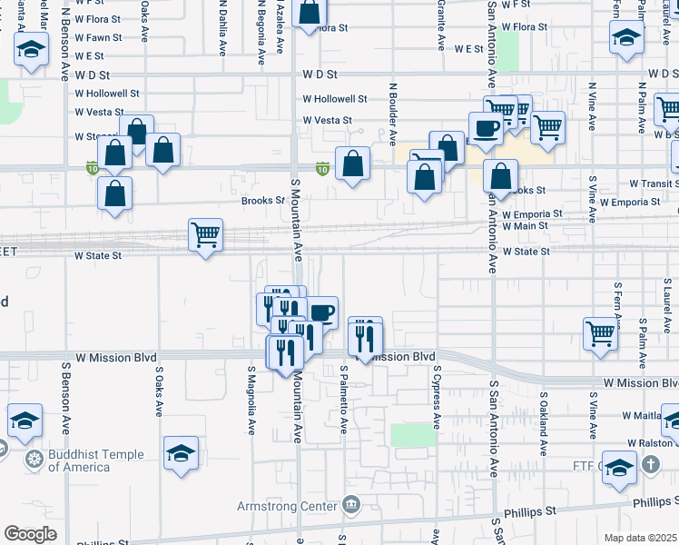 map of restaurants, bars, coffee shops, grocery stores, and more near 508 South Palmetto Avenue in Ontario