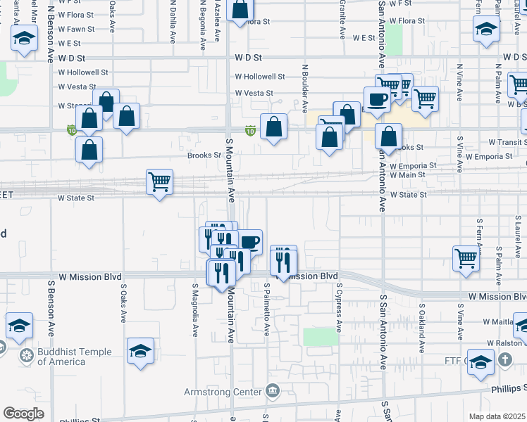 map of restaurants, bars, coffee shops, grocery stores, and more near 508 South Palmetto Avenue in Ontario