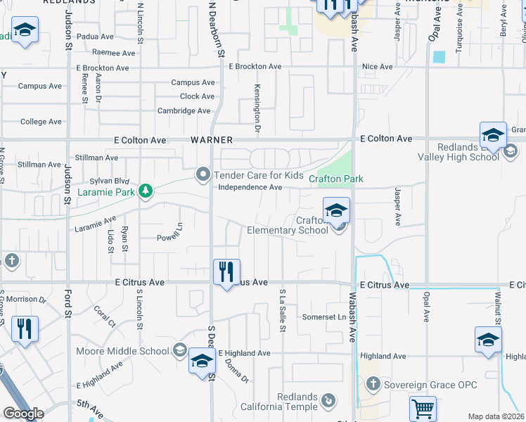 map of restaurants, bars, coffee shops, grocery stores, and more near 312 Barrington Circle in Redlands