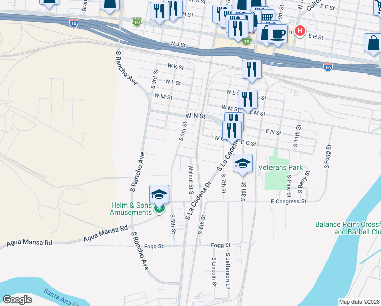 map of restaurants, bars, coffee shops, grocery stores, and more near 449 Maple Street in Colton