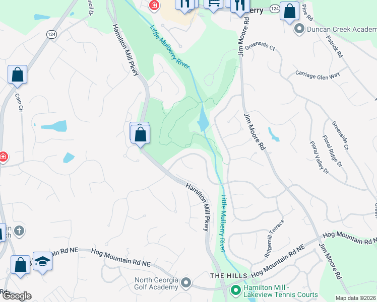 map of restaurants, bars, coffee shops, grocery stores, and more near 2890 Millwater Crossing Northeast in Dacula