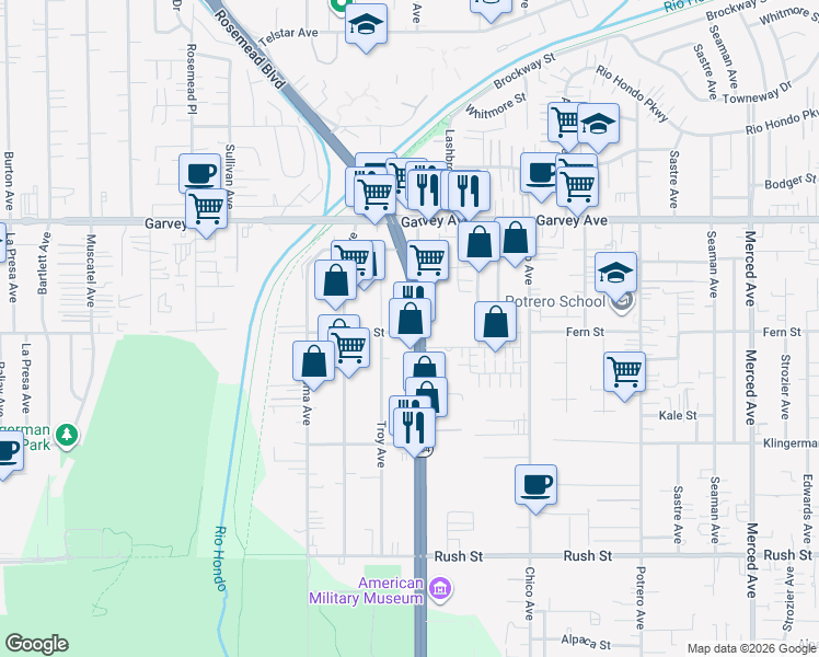 map of restaurants, bars, coffee shops, grocery stores, and more near 9364 Fern Street in South El Monte