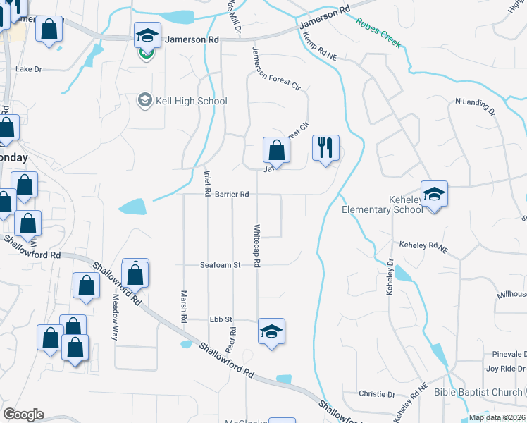map of restaurants, bars, coffee shops, grocery stores, and more near 4436 Whitecap Road in Marietta