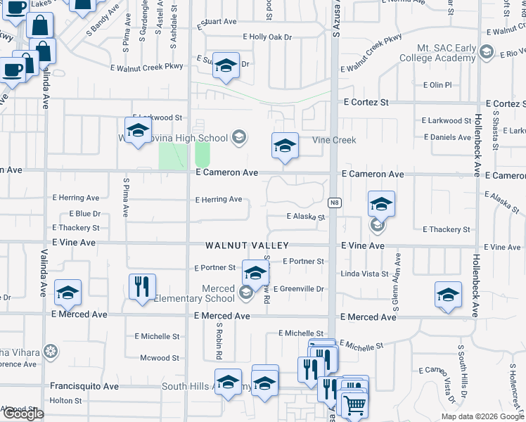 map of restaurants, bars, coffee shops, grocery stores, and more near 901 South Glenview Road in West Covina