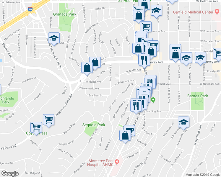 map of restaurants, bars, coffee shops, grocery stores, and more near West Newmark Avenue & South Electric Avenue in Monterey Park