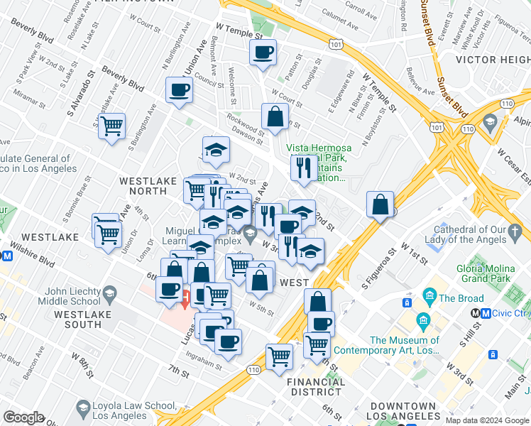 map of restaurants, bars, coffee shops, grocery stores, and more near 285 Emerald Street in Los Angeles