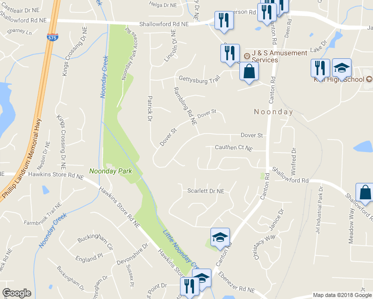 map of restaurants, bars, coffee shops, grocery stores, and more near 734 Dover Street in Marietta