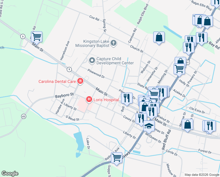 map of restaurants, bars, coffee shops, grocery stores, and more near 4165 Stevens Street in Loris