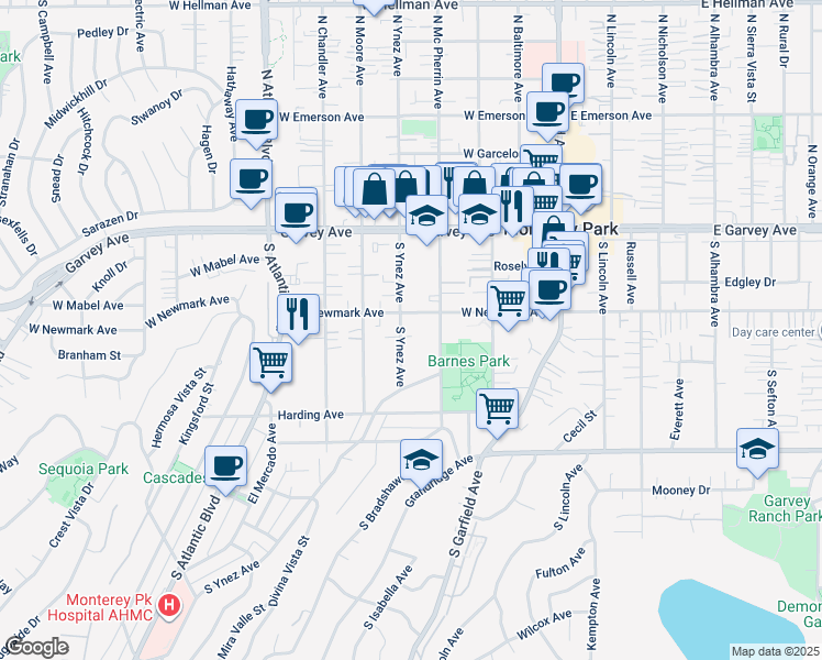 map of restaurants, bars, coffee shops, grocery stores, and more near 314 South Ynez Avenue in Monterey Park