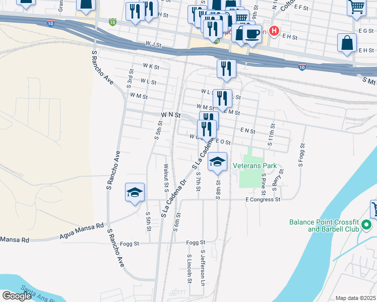 map of restaurants, bars, coffee shops, grocery stores, and more near 267 Maple Street in Colton