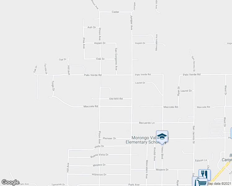 map of restaurants, bars, coffee shops, grocery stores, and more near 49200 Old Mill Road in Morongo Valley