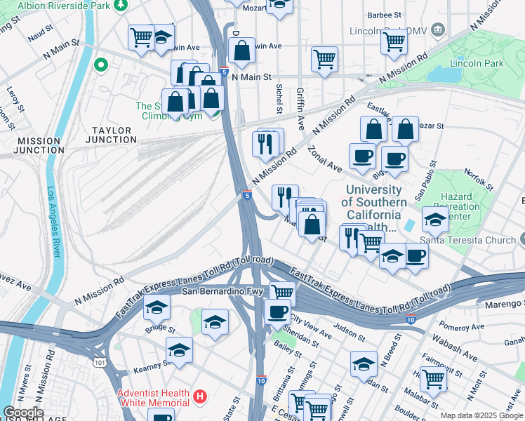 map of restaurants, bars, coffee shops, grocery stores, and more near 1640 Marengo Street in Los Angeles