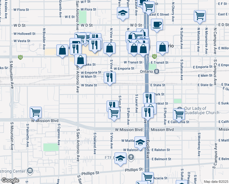 map of restaurants, bars, coffee shops, grocery stores, and more near 4200000 West Park Street in Ontario