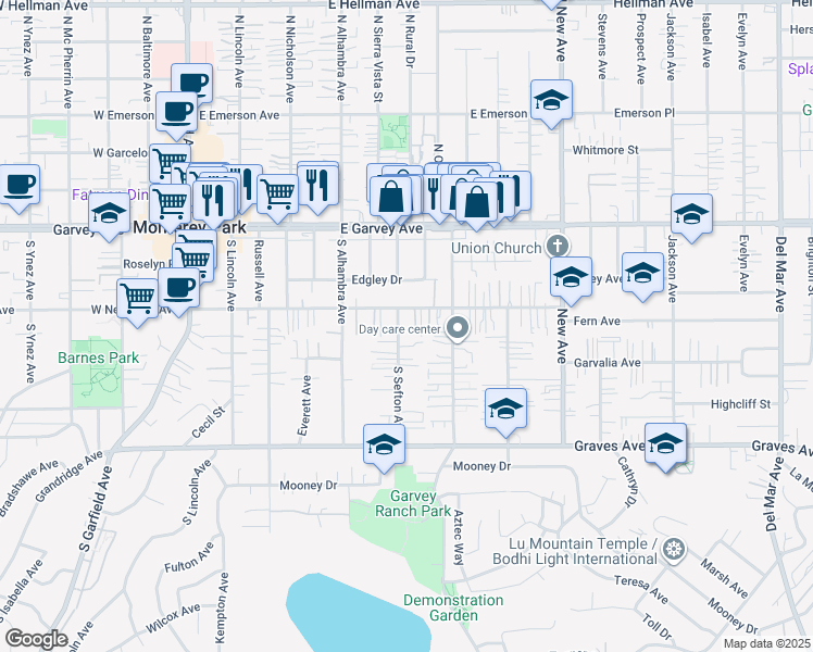 map of restaurants, bars, coffee shops, grocery stores, and more near 314 South Sefton Avenue in Monterey Park