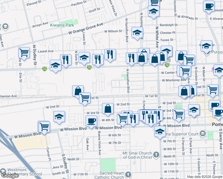 map of restaurants, bars, coffee shops, grocery stores, and more near 131 Newman Street in Pomona