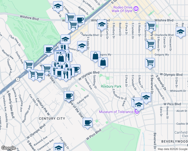 map of restaurants, bars, coffee shops, grocery stores, and more near 403 South Spalding Drive in Beverly Hills