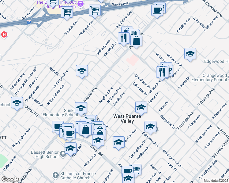 map of restaurants, bars, coffee shops, grocery stores, and more near 1303 North Siesta Avenue in La Puente